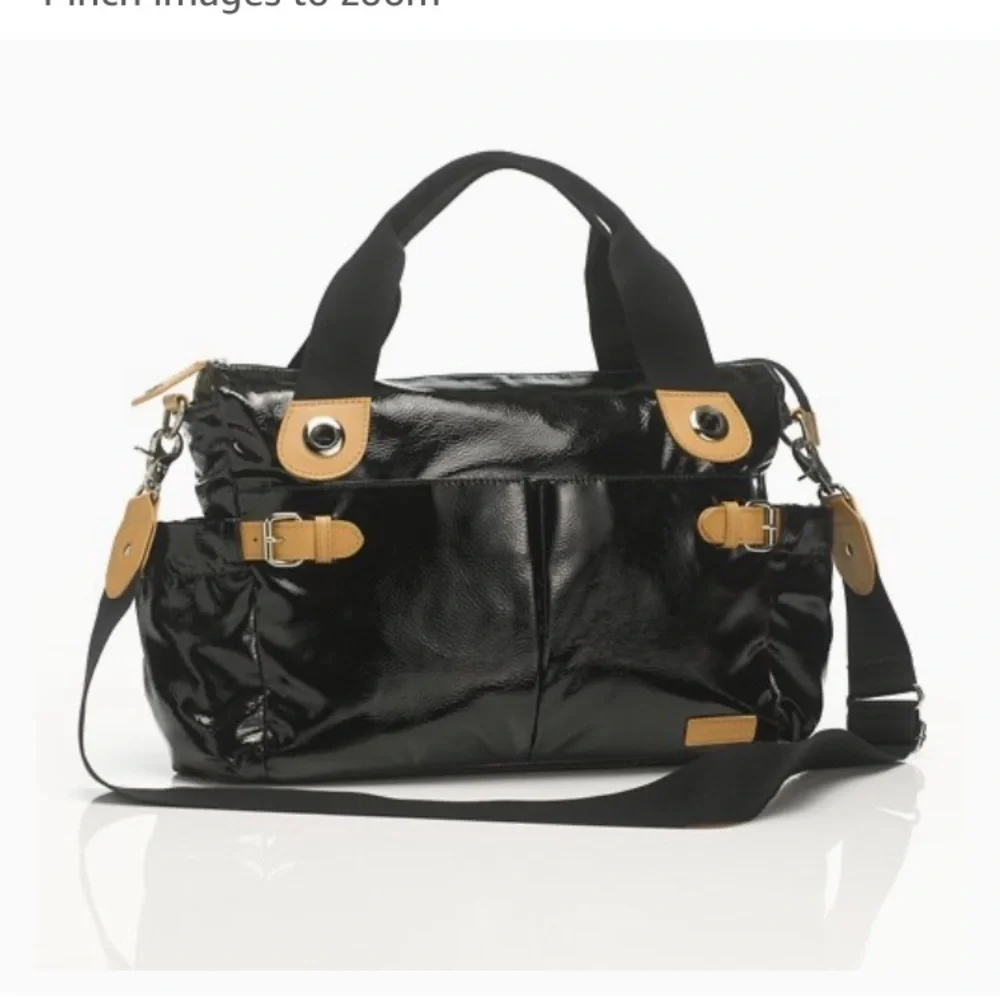 $250 Storksak London Kate Diaper Bag Black Patent Leather w/ Pad